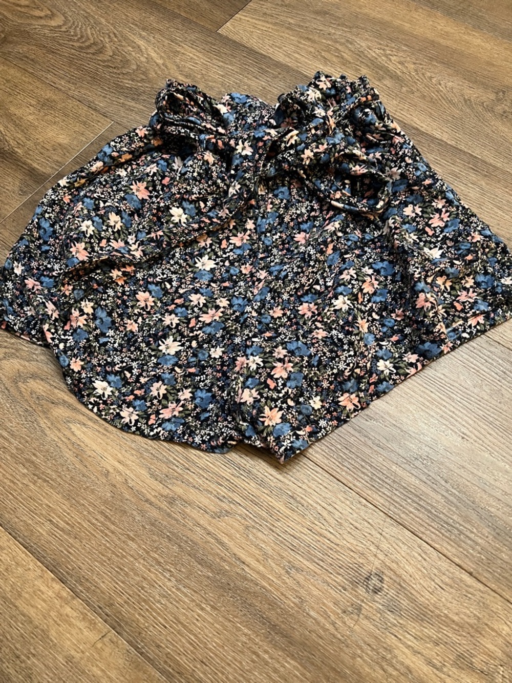 Hollister Black Floral Paperbag Waist Shorts with Blue and Pink Flowers